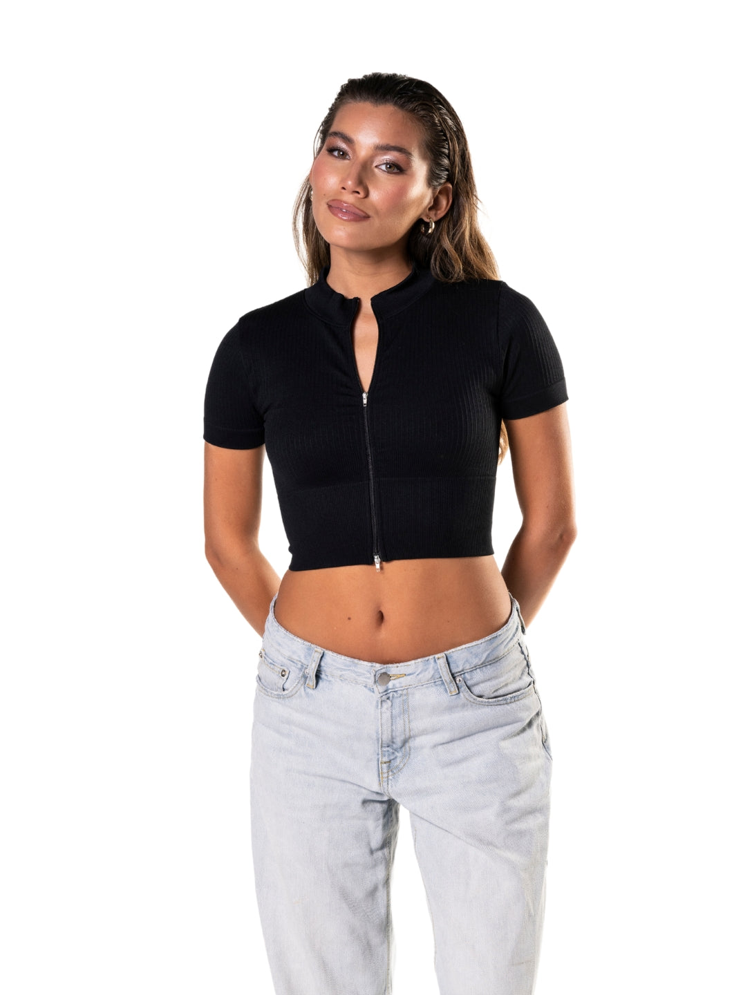 Haut court côtelé sans couture zippé à manches courtes